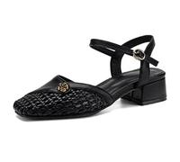 Eestfy Womens Mary Jane Woven Sandals Closed Toe Square Toe Slingback Low Block Heel Heeled Sandals for Casual Outfit & Office Wear Vintage Minimalist,Black,5 UK