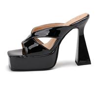 Eestfy Women's Metallic Cross Strap Platform Mules High Chunky Block Heel Square Open Toe Sandals for Fashion Show & Party Night Modern,Black,3 UK