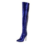 Eestfy Women's Metallic Royal Patent Leather Over The Knee Boots Pointed Toe Stiletto High Heel Thigh High Fashion Footwear for Evening Party Streetwear and Stage Shows,Blue,5 UK