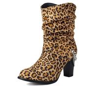 Eestfy Women's Mid-Calf Boots Chunky Block Heel Ruched Faux Suede High Heel Boots for Autumn & Winter Office & Street Style Comfortable Wide Fit,LeopardPrint,9 UK