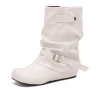 Eestfy Women's Mid Calf Buckle Boots Chunky Block Heel Round Toe Casual Style Fashion Boots for Autumn & Winter Daily Wear,White,10 UK