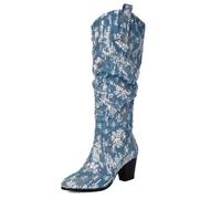 Eestfy Women's Mid Calf Denim Boots Round Toe Chunky Block Heel Back Zip Fashion Boots with Silver Sequins for Winter Cocktail Party & Wedding Reception Memory Foam,DarkBlue,11 UK