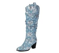 Eestfy Women's Mid Calf Denim Boots Round Toe Chunky Block Heel Back Zip Fashion Boots with Silver Sequins for Winter Cocktail Party & Wedding Reception Memory Foam,LightBlue,7 UK