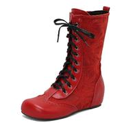 Eestfy Women's Mid Calf Lace Up Boots Victorian Brogue Boots Chunky Block Heel Round Toe Combat Style for Autumn & Winter Casual Wear Faux Leather,Red,3 UK