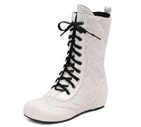 Eestfy Women's Mid Calf Lace Up Boots Victorian Brogue Boots Chunky Block Heel Round Toe Combat Style for Autumn & Winter Casual Wear Faux Leather,White,4 UK
