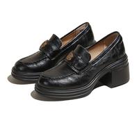 Eestfy Women's Office Shoes Chunky Platform Heel Double Strap Round Toe Slip-On Work Loafers Uniform Shoes Comfort Dress Flats for Business Office & Daily Wear Microfiber,Black,4.5 UK