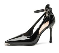 Eestfy Women's Office Work Stiletto Pumps Pointed Toe Patent Leather Metal Toe Cap Slip On Business Heels for Daily Office & Meeting Professional Style,Black 5cm,4 UK