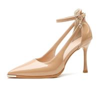 Eestfy Women's Office Work Stiletto Pumps Pointed Toe Patent Leather Metal Toe Cap Slip On Business Heels for Daily Office & Meeting Professional Style,Nude 9cm,5 UK