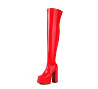 Eestfy Women's Over The Knee Platform Boots Patent Leather Chunky Block Heel with Side Zipper Fashion Statement Boots for Club Party and Evening Outfits,Red,2 UK