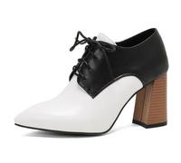 Eestfy Women's Oxford Block High Heel Brogue Stacked Heel Lace Up Two Tone Court Shoes for Office & Evening Reception Wide Size,White,5 UK