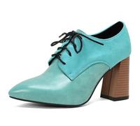 Eestfy Women's Oxford Block High Heel Brogue Stacked Heel Lace Up Two Tone Court Shoes for Office & Evening Reception Wide Size,Light Green,14 UK