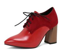 Eestfy Women's Oxford Block High Heel Brogue Stacked Heel Lace Up Two Tone Court Shoes for Office & Evening Reception Wide Size,red,6.5 UK