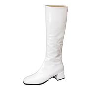 Eestfy Women's Patent Leather Knee High Gogo Boots Chunky Heel Side Zipper Boots Square Toe High Fancy Retro Heel for Autumn & Winter Evening Out,White,2 UK