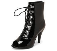 Eestfy Women's Patent Leather Peep Toe Ankle Boots Stiletto Heel Lace Up Summer Short Boots for Wedding Reception & Club Night Breathable Lining,Black,6.5 UK
