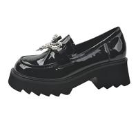 Eestfy Women's Patent Leather Platform Loafers with Bowknot Tassel Detail Slip-On Round Toe Chunky Heel British Style Casual Dress Shoes,WideThick,3 UK