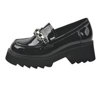 Eestfy Women's Patent Leather Platform Loafers with Pearl Bow Detail Round Toe Slip-On Gothic Mary Jane Style Shoes for Office & Street Fashion,BlackA,4 UK