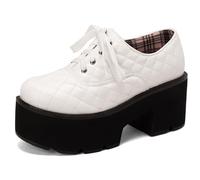 Eestfy Women's Patent PU Lace-Up Platform Shoes Round Toe Thick Sole Oxford Style Chunky Heel with Plaid Lining Cute School Girl Gothic Punk Fashion Casual Footwear,White,4.5 UK