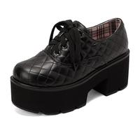 Eestfy Women's Patent PU Lace-Up Platform Shoes Round Toe Thick Sole Oxford Style Chunky Heel with Plaid Lining Cute School Girl Gothic Punk Fashion Casual Footwear,Black,4.5 UK