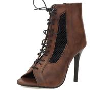 Eestfy Women's Peep Toe Ankle Booties Stiletto High Heels Lace Up Fish Mouth Hollow Out Breathable Prom Party Dress Pumps Summer Booties,Brown,5 UK