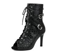 Eestfy Women's Peep Toe Gothic Ankle Boots PU Lace-Up High Heels with Buckle Straps Woven Pattern Combat Style Fashion Party Evening and Clubwear,Black,10 UK