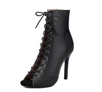 Eestfy Womens Peep Toe Lace Up Ankle Boots Black Faux Leather High Heel Stilettos Side Zipper City Street Style Outfit,Black (11cm),6 UK