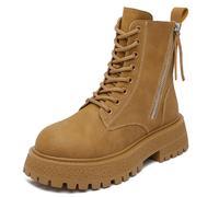 Eestfy Women's Platform Combat Ankle Boots Black or Yellow Leather Lace Up Chunky Heel Mid Calf Boots for Autumn & Winter Casual Outing Hidden Height,YellowFleece4cm,5 UK