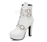 Eestfy Women's Platform Gothic Ankle Boots Faux Leather High Block Heel Studded Straps Lace Up Combat Style Silver Buckle Rock Party,White,14 UK