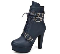 Eestfy Women's Platform Gothic Ankle Boots Faux Leather High Block Heel Studded Straps Lace Up Combat Style Silver Buckle Rock Party,Blue,14 UK