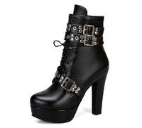 Eestfy Women's Platform Gothic Ankle Boots Faux Leather High Block Heel Studded Straps Lace Up Combat Style Silver Buckle Rock Party,Black,14 UK
