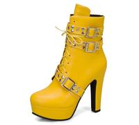 Eestfy Women's Platform Gothic Ankle Boots Faux Leather High Block Heel Studded Straps Lace Up Combat Style Silver Buckle Rock Party,Yellow,14 UK