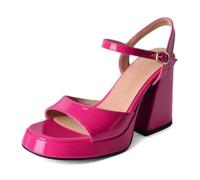 Eestfy Women's Platform Heel Sandals Patent Leather Open Square Toe Block Heel Dress Sandals with Adjustable Ankle Strap for Party Cocktail Events and Evening Wear Rose Red