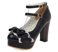 Eestfy Women's Platform High Heels Round Toe Pumps with Bow Detail Chunky Heel Lolita Style Court Shoes Double Ankle Straps for Bridal Reception & Cocktail Party,Black,10 UK