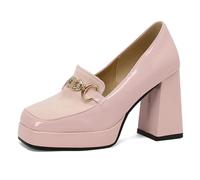 Eestfy Women's Platform Loafer Pumps Chunky Block Heel Gold Chain Square Toe Work Heels Office Pumps for Office Work & City Walking,Pink,10 UK