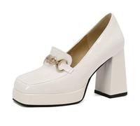 Eestfy Women's Platform Loafer Pumps Chunky Block Heel Gold Chain Square Toe Work Heels Office Pumps for Office Work & City Walking,White,3 UK
