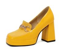 Eestfy Women's Platform Loafer Pumps Chunky Block Heel Gold Chain Square Toe Work Heels Office Pumps for Office Work & City Walking,Yellow,9 UK