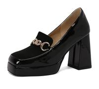 Eestfy Women's Platform Loafer Pumps Chunky Block Heel Gold Chain Square Toe Work Heels Office Pumps for Office Work & City Walking,Black,12 UK