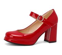 Eestfy Womens Platform Mary Jane Pumps Square Toe Block Heel Shoes Red
