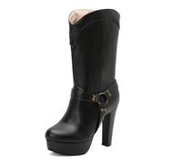 Eestfy Women's Platform Mid Calf Boots Faux Leather Harness Detail High Block Heel Party Rock Style Fashion Footwear,Black,14 UK