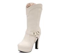 Eestfy Women's Platform Mid Calf Boots Faux Leather Harness Detail High Block Heel Party Rock Style Fashion Footwear,White,14 UK
