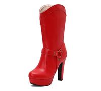 Eestfy Women's Platform Mid Calf Boots Faux Leather Harness Detail High Block Heel Party Rock Style Fashion Footwear,Red,14 UK