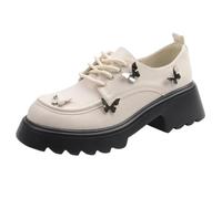 Eestfy Women's Platform Oxford Loafers with Cross Strap Detail, Matte Microfiber Leather Round Toe Chunky Lug Sole Fashion Shoes for Street & Office Casual Wear,Apricot Thick,6 UK