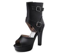 Eestfy Women's Platform Party Heels Peep Toe Ankle Boots Chunky High Heel Double Buckle Strap Sandals for Clubwear & Night Out Fashion,Black,2 UK