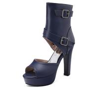 Eestfy Women's Platform Party Heels Peep Toe Ankle Boots Chunky High Heel Double Buckle Strap Sandals for Clubwear & Night Out Fashion,Blue,2 UK