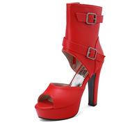 Eestfy Women's Platform Party Heels Peep Toe Ankle Boots Chunky High Heel Double Buckle Strap Sandals for Clubwear & Night Out Fashion,Red,2 UK