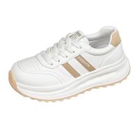 Eestfy Women's Platform Sneakers Chunky Sole Lace Up Round Toe Fashion Trainers for School & Streetwear Lightweight Leather Breathable,White Apricot,6 UK
