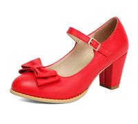Eestfy Womens Plus Size Heels Round Toe Block Heel Mary Jane Pumps Bow Strap Dress Shoes for Daily Work & Casual Wear Comfortable Wide Width,Red,7 UK