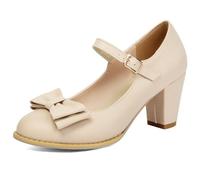Eestfy Womens Plus Size Heels Round Toe Block Heel Mary Jane Pumps Bow Strap Dress Shoes for Daily Work & Casual Wear Comfortable Wide Width,Apricot,4.5 UK