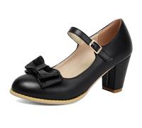 Eestfy Womens Plus Size Heels Round Toe Block Heel Mary Jane Pumps Bow Strap Dress Shoes for Daily Work & Casual Wear Comfortable Wide Width,Black,14 UK