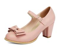 Eestfy Womens Plus Size Heels Round Toe Block Heel Mary Jane Pumps Bow Strap Dress Shoes for Daily Work & Casual Wear Comfortable Wide Width,Pink,9 UK