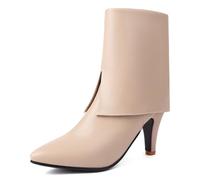 Eestfy Women's Pointed Toe Ankle Boots Stiletto Mid Heel Kitten Heel Side Zip Low Cut Booties for Casual Office Work Party & Formal Occasions Faux Suede Knit Leather,Beige,3 UK